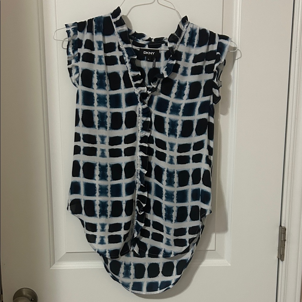 DKNY Navy and White Grid Ruffle Cap-Sleeve Camisole
